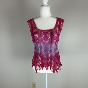 Sacred Threads S/M Crochet Fringe Top Tank Sheer Festival Open Knit Lace Doily